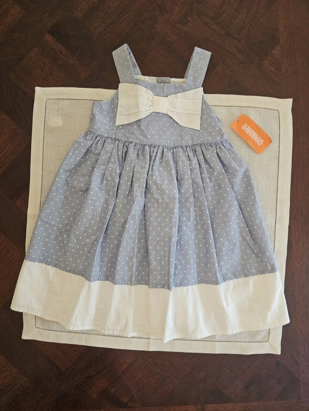Gymboree Girls Sleeveless Blue White Striped Polka Dot Dress Bow Spring Sz 3T